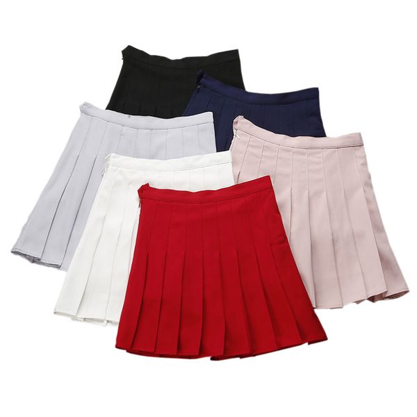 

school high waist mini skirts womens 2019 korean style summer pleated skirt solid navy red pink kawaii women clothing bottoms, Black