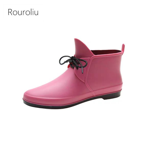 

2020 new women fashion rain boots lace up ankle boots ladies short garden water shoes, Black