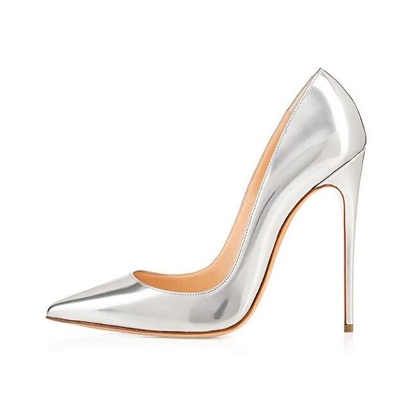 2019 Hot Fashion Women Silver Patent Leather Pointed Evening Dress Pumps Tacchi alti Scarpe da festa da donna Taglie forti