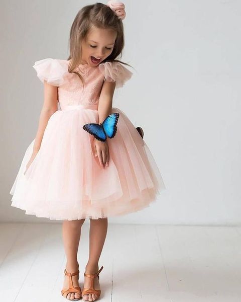 

lace pink baby girls dresses kids formal wear feather o neck 2020 kids princess birthday party gowns, Red;yellow