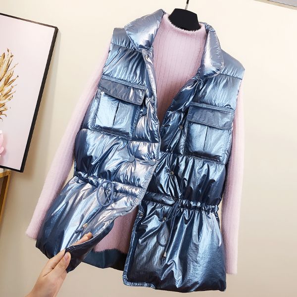 

vest jacket women 2019 new autumn winter waistcoat bright face down cotton vest female loose cotton-padded feminino waistcoat, Black;white