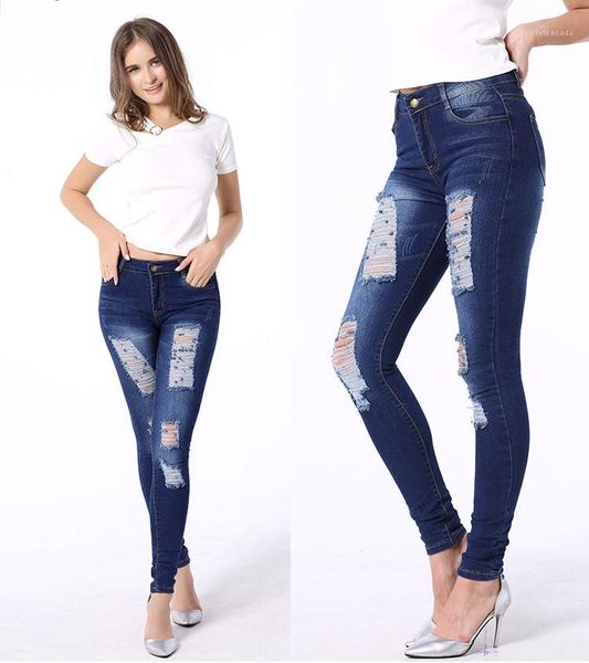 

pants fashion female clothing skinny womens designer jeans solid color hole vintage elasticity mid waist pencil, Blue