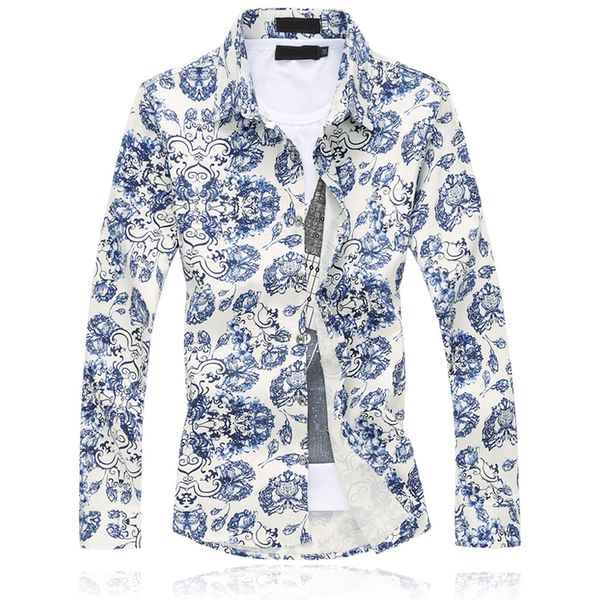 

2018 autumn new fashion chinese style blue and white porcelain print shirts men slim casual long sleeve asian size male shirts, White;black