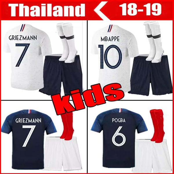 

2 Stars MBAPPE GRIEZMANN Kids Kit Home away Soccer Jerseys 2018 World Cup POGBA GIROUD DEMBELE KANTE PAVARD Child Two Stars Football Shirts