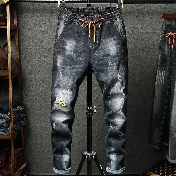 

mens designer stretch slim leggings lace-up elastic waist long denim pants fashion, Blue