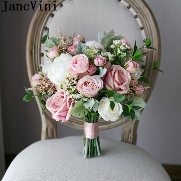Janevini Vintage Blush Pink Roses Bridal Handle Bouquets Artificial Flowers Bridesmaid Wedding Bouquet De Fleurs 2019 White Brooch Cheap Wedding