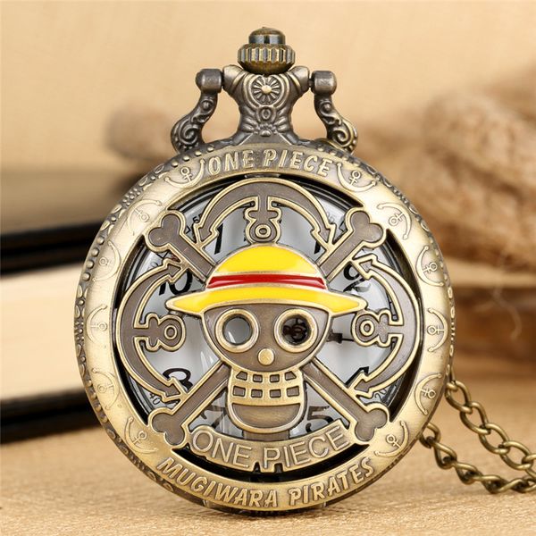 

vintage bronze one piece pocket watch japanese animate pirate skull quartz watches men women kids necklace pendant chain clock gift, Slivery;golden