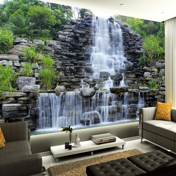 Personalizado 3D Mural Wallpaper Água que flui Muro Natureza Paisagem Cachoeira Art Pintura Sala Quarto Decor