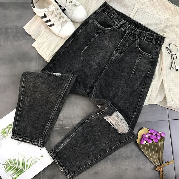 

2019 woman denim pants plus size high waist ripped jeans straight black slim jeans feminino 4xl nine point mujer, Blue
