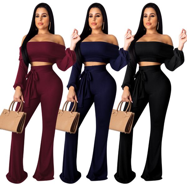 

women's high waist two piece sets tracksuit full sleeve slash neck crop + sashes pants suit casual night outfits, White