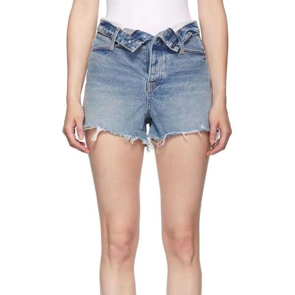 

high waist turned waist folding edge shaved denim shorts wide leg pants washed pants women a2, Blue