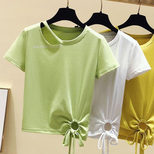 

short nursing care hem strap t-shirt women's short sleeve 2020 loose care machine hollow round collar top, White