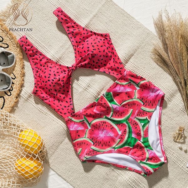 

peachtan fruit printed swimsuit female one-piece bikini 2019 v-neck bathing suit high cut swimwear women knot monokini new, White;black