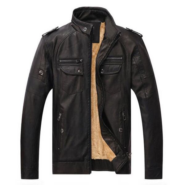 

pu leather jacket autumn winter men's jacket leather plus velvet washed vintage leather winter faux fur male clothes, Black