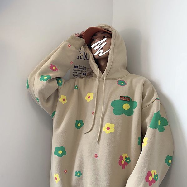 

2019 winter new korean version of the trend of the national tide japanese flower printing plusvelvet thick loose casual pullover, Black