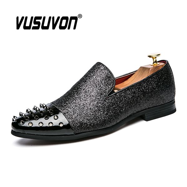 

italian shoes loafers slip-on men leather casual shoes men's flats fashion personality rivet sequin club party, Black