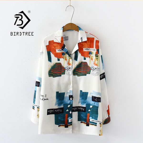 

new arrival retro oil painting print oversize notched collar chiffon blouse button up casual loose shirt feminina blusa t99011f, White