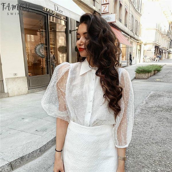 

women elegant white blouse transparent turn down collar long sleeve female puff sleeve shirts stylish office wear blusas