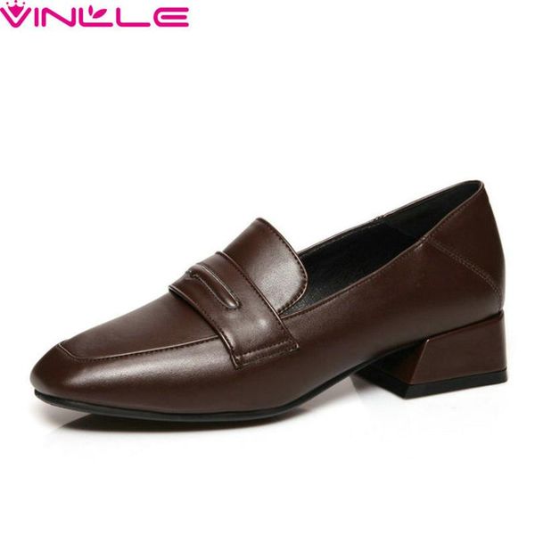 

vinlle 2020 square heel slip on ladies single shoes retro square toe pu leather fashion women pumps big size 34-43, Black