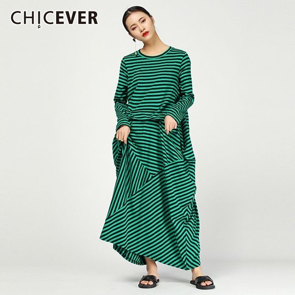 

chicever 2019 spring striped dresses for women o neck long sleeve loose oversize hit colors irregular dress fashion casual new, Black;gray