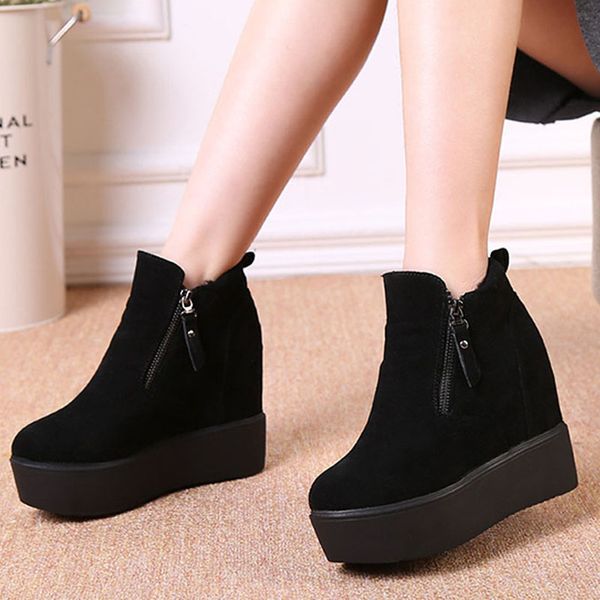 

women zip platform plus size autumn ankle boots female fashion thick bottom increasing shoes ladies casual footwear, Black