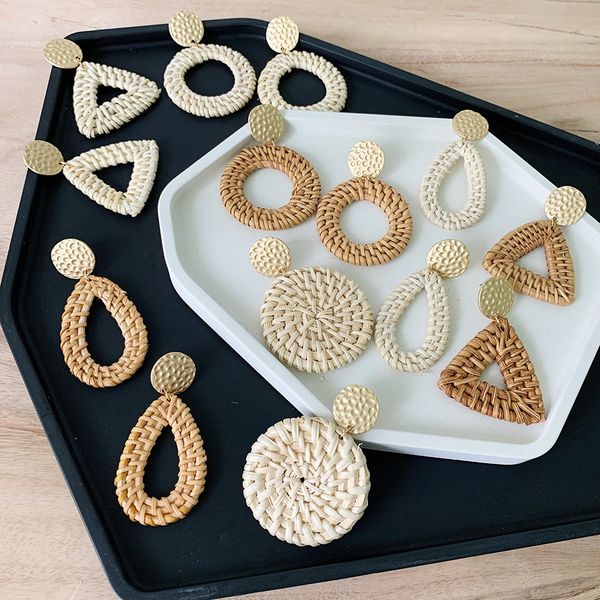 

bohemia wicker rattan knit earrings ethnic wood bamboo weaving geometric circle statement drop earrings for women jewelry 2019, Silver