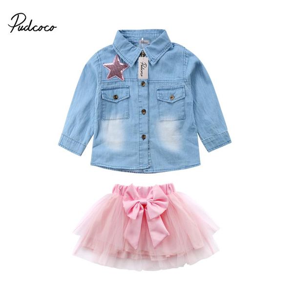 

pudcoco 2pcs kid baby girls denim long sleeve buttton t-shirt lace bowknot skirt outfits baby set, White