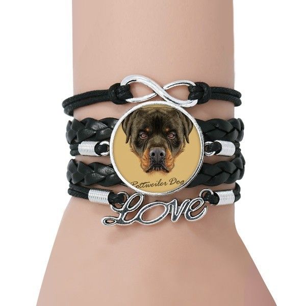 

black ferocious rottweiler dog pet animal bracelet love black twisted leather rope wristband, Golden;silver