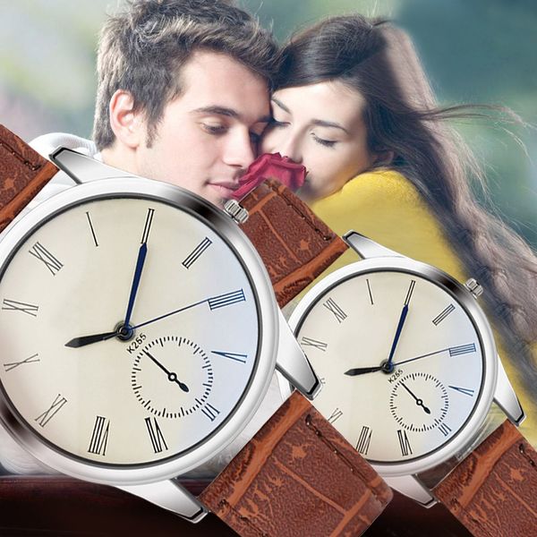 

fashion women mens watch analog casual brown leather strap couple watches choice for the couple women clock, Slivery;brown