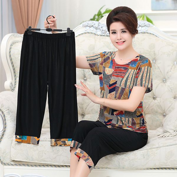 

summer women suits middle-aged mother clothing short-sleeved t-shirt plus size 5xl two-piece women casual suit 732, White