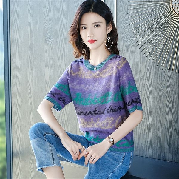

short-sleeved t-shirt women's summer clothes 2020 women's half-sleeve ice silk thin mid-sleeve sweater t-shirt sweater, White