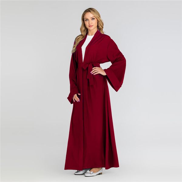 

2019 дубай мусульманский robe открытый стич кардиган женщины длинные пальто с поясами solid ветровка с длинным рукавом пальто ta1763, Tan;black