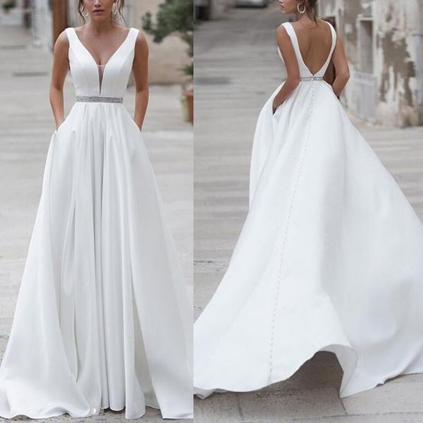 

2020 satin backless a line wedding dresses v neck sweep train sleeveless plus size bridal dress with pockets, White