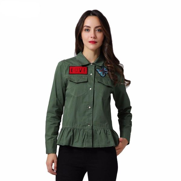 

women ruffled butterfly star patched thin jacket letters diamond female denim design coat pockets outerwear fit, Black;brown