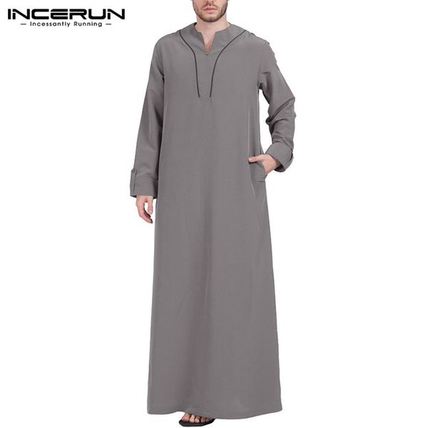 

incerun men muslim clothing jubba thobe long sleeve v neck men robes dubai saudi arabia abaya thobe 2019 arabic islamic kaftan, Red