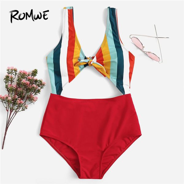 

sport multicolor striped knot front cut out swimsuit women summer beach wireless plunge neck one pieces swimwear, White;black