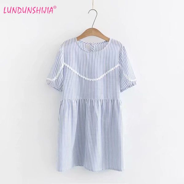 

lundunshijia summer dress 2019 women blue stripe round collar short sleeve lace dresses ladies vestidos, Black;gray
