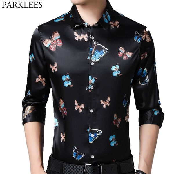 

men's casual shirts black silk satin dress shirt men 2021 stylish butterfly printed slim fit long sleeve club party social male, White;black