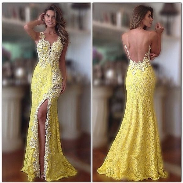 Sexy alta Coxa Slit Amarelo Evening Dresses Prom Lace Pearls frisada Jewel ver embora Voltar ocasião especial vestido formal Vestidos De Festia