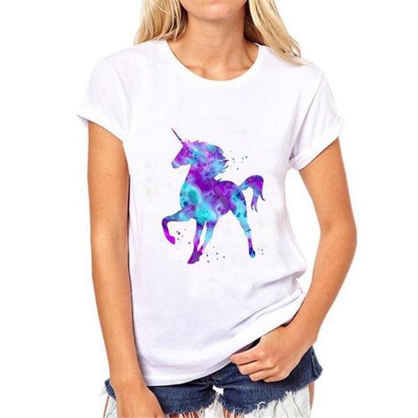 

2018 new women's t-shirt colorful unicorn printing casual short-sleeved round neck t-shirt novelty cute short-sleeved, White
