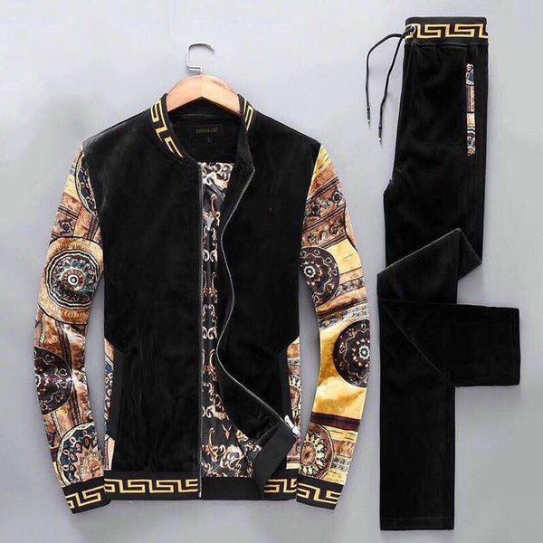 

2019 spring autumn mens casual sports suit jacket gold pattern gold velvet two-piece mens jacket size- m-4xl, Black;brown