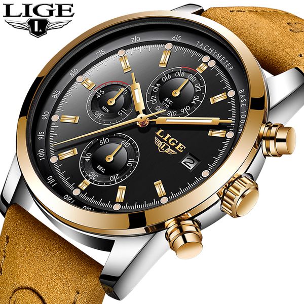 

2018 new lige mens watch leather casual quartz wristwatch man sport waterproof clock relogio masculino, Slivery;brown