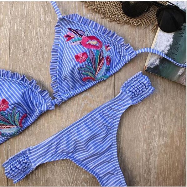 

купальники женские 2019 вышитые бикини в полоску с принтом