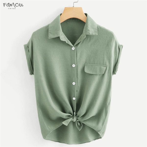 

Rolled Button Knotted Hem Shirt Womens Tops And Cuff Polyester Blouses Summer Tops For Ladies 2019 Casual Short Sleeve Blouse