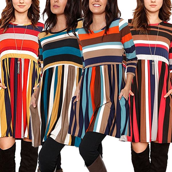 

suit-dress pleated skirt stripe spelling color split joint printing leisure time long sleeve dress