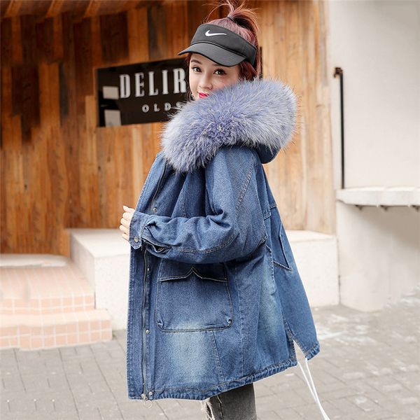 

women's down & parkas winter denim jacket women with fur collar warm 2021 fashion large size female bomber jackets casaco feminino jia4, Black