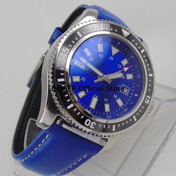 

bliger 44mm blue sterile dial black ceramic bezel stainless steel case luminous miyota automatic movement men's wrist watch b49a, Slivery;brown