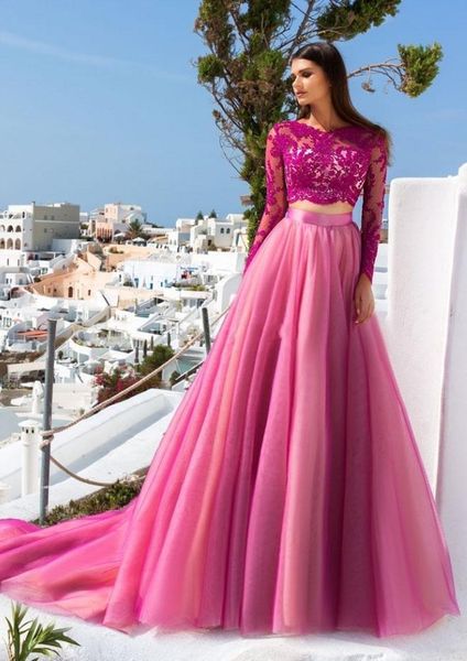 

2019 new crystal design long sleeved two piece evening dresses lace tulle skirt bateau neckline a-line formal evening gowns, Black;red