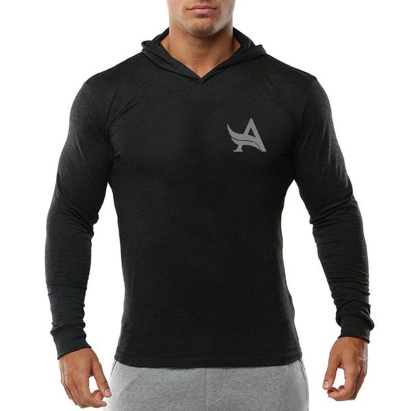 

mens t-shirt running fitness men bodybuilding sport tight long sleeves white t shirt male compression hooded top, Black;blue