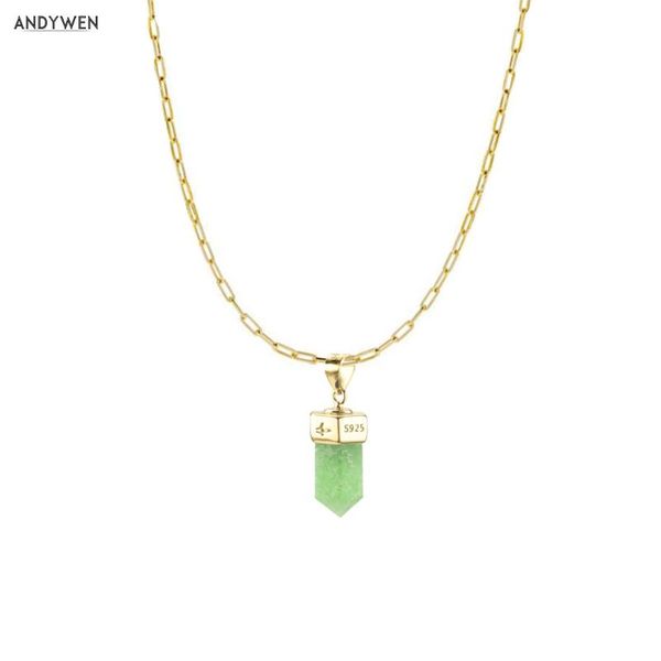 

andywen 925 sterling silver gold geometric rectangle chain necklace green pendant gems crystal zircon women rock punk jewelry